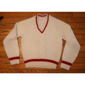 Vintage Hand Knit Ivory Boys M VNeck Cable Knit Sweater Red Stripe Handmade